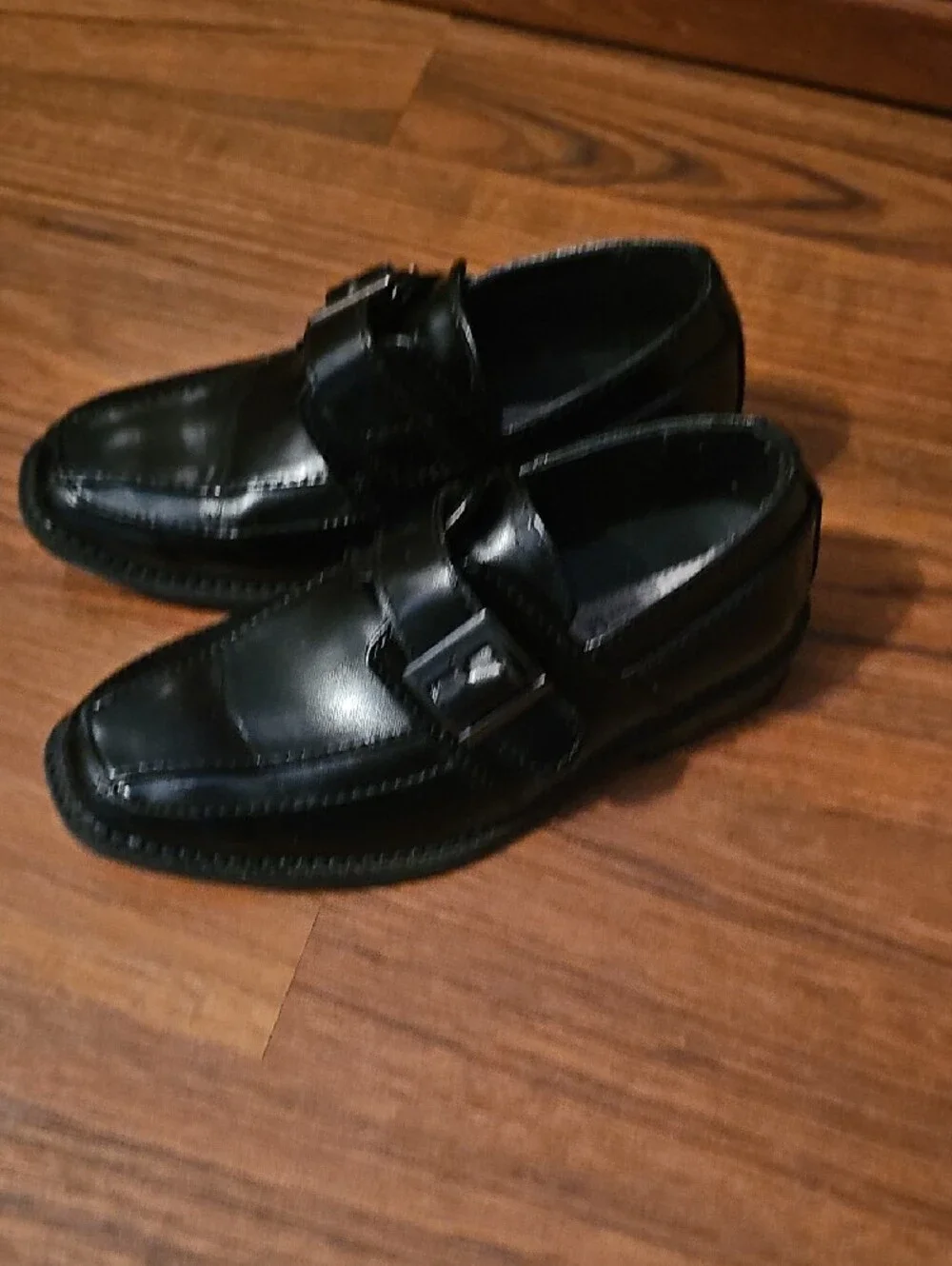 Kids Black Leather Buckle Loafers